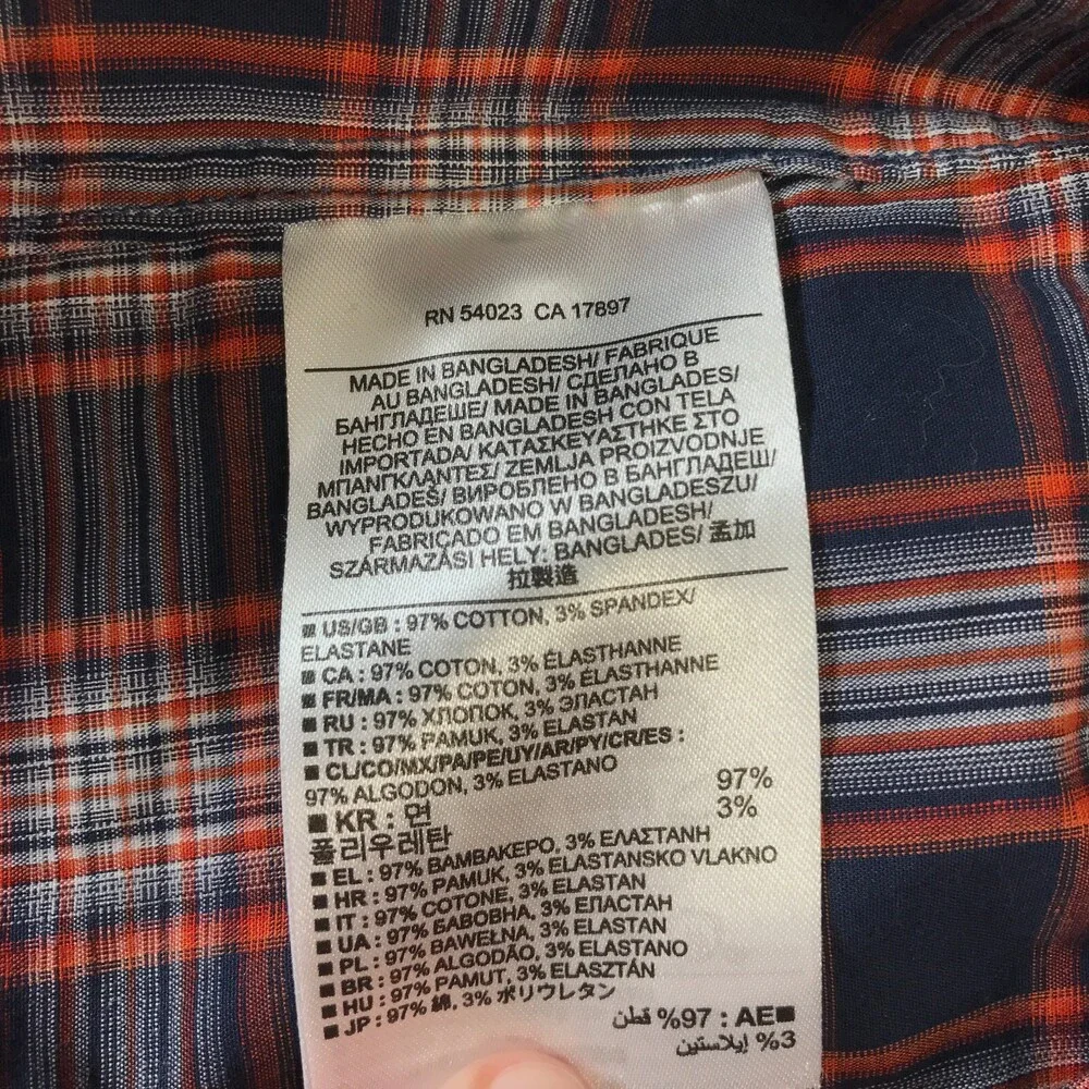 Banana Republic Button Down Shirt Mens Medium Navy Blue Orange Plaid Slim Fit